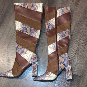 Bamboo knee high snake skin boots